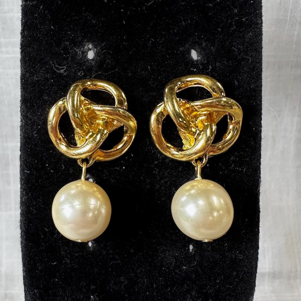 Vintage Gold Tone Knot Earrings with Large Faux Pearl Drop Dangle